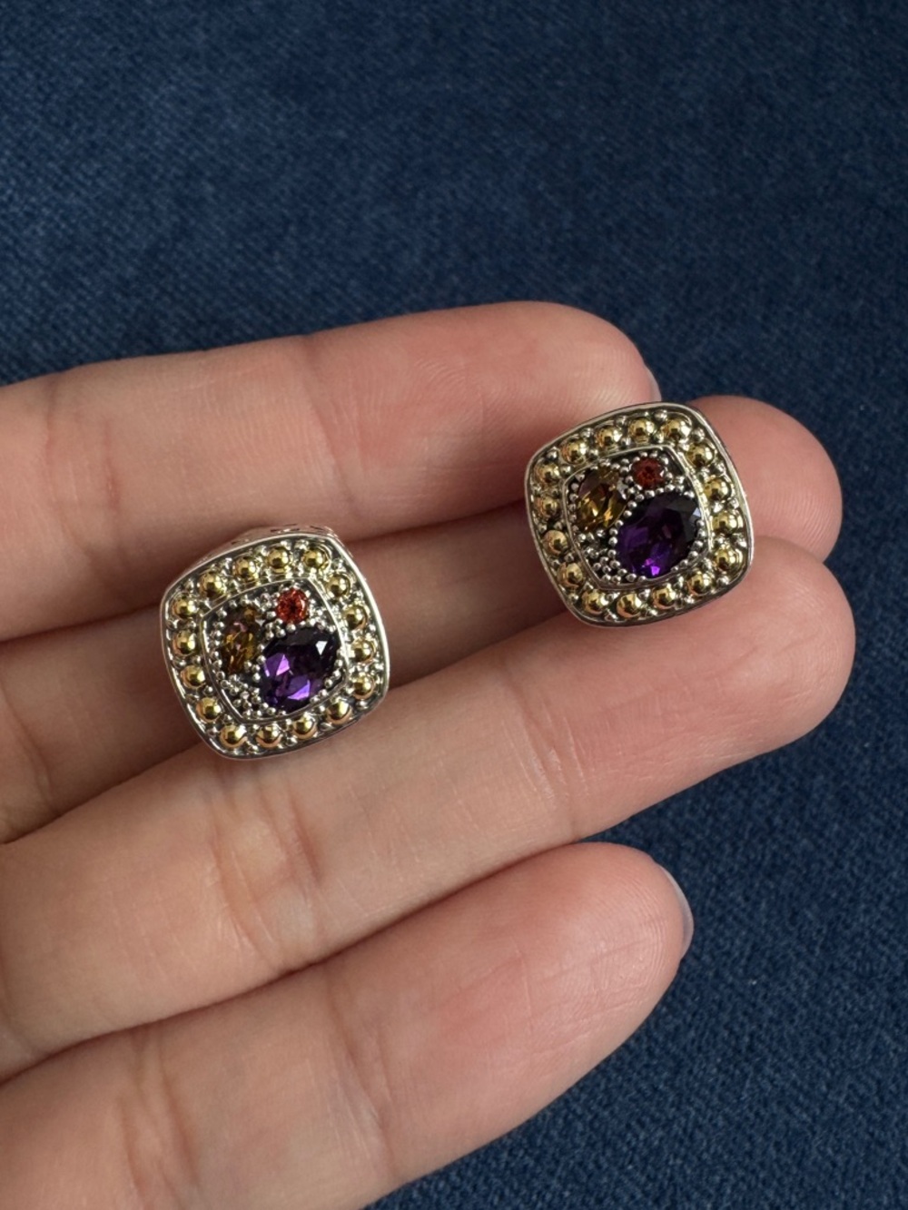 Effy Multistone Square Stud Earrings‎ in 18k Gold and Sterling Silver